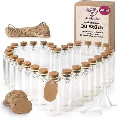 Produktbild von Unyqoos® WeddingTree – 30× Mini-Glasfläschchen mit Kork, 40 ml | Reagenzgläser zum Befüllen & Dekorieren, inkl. Etiketten, Trichter & Jutekordel