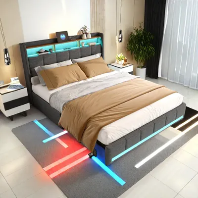 Immagine prodotto di Letto matrimoniale - Struttura del letto - Letto contenitore - Letto con LED - Letto imbottito - Con 4 cassetti - Ricarica USB - 160x200 cm - Grigio
