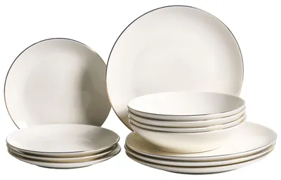 Obrázek produktu pro BELIANI Porcelánové nádobí 12 kusů krémově bílá zlatý lem průhledná glazura kuchyně jídelna