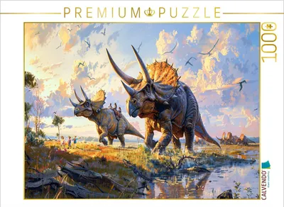 Produktbild von CALVENDO Puzzle Kinder spielen mit Triceratops Dinosauriern | 1000 Teile Lege-Größe 64x48cm Foto-Puzzle für glückliche Stunden