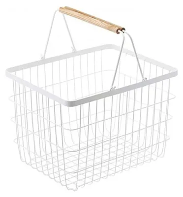 Image de YAMAZAKI - Panier à linge métal blanc avec anses en bois H38.5cm