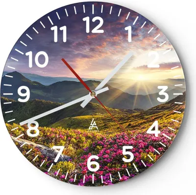 Produktbild von Wanduhr - Rund - Glasuhr - Gebirge Wiese Landschaft Wald - 30x30cm - Schleichendes Uhrwerk - Lautlos - zum Aufhängen bereit - Dekoration Modern - Wanddekoration aus Glas - C4AR30x30-3152