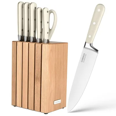 Produktbild von Deleca Verona Messerset 7-teilig, magnetischer Eichenholz-Messerblock, 1.4116 Edelstahl Kochmesser Santokumesser Brotmesser & Schere, Beige