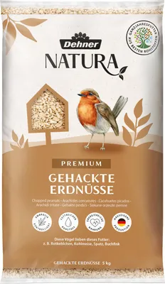 Produktbild von Dehner Natura Premium Wildvogelfutter, gehackte Erdnüsse schalenfrei, Ganzjahresfutter proteinreich / energiereich, hochwertiges Vogelfutter für Wildvögel, 5 kg