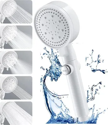 A collage of images showing a white handheld showerhead with different spray patterns, accompanied by water splashes.