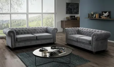 Produktbild von Easy4You Chesterfield Dunkelgrau Velvet Set 3-Sitzer + 2-Sitzer Sofa Sofas für Wohnzimmer Sofagarnituren mit Holzfüße Set Sofas & Couches