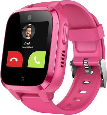 A pink smartwatch is shown with an incoming call screen displaying a contact named 'Dad'.