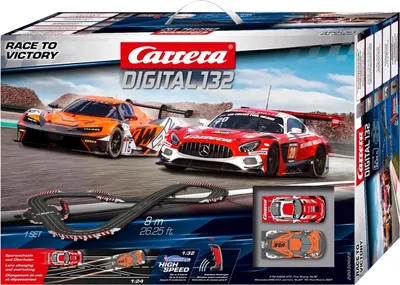 The image shows the packaging of a Carrera Digital 132 Race to Victory slot car set.