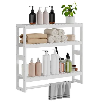 Produktbild von 3-Schichtiges Bambus Wandregal mit Handtuchstange, verstellbares Hängeregal für Bad & Küche, robuste Wandablage aus Holz, 42x15x43cm, Weiß