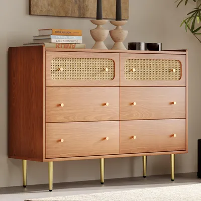 Image de OKWISH Commode 120x40x80 cm - 6 Tiroirs, Poignées Dorées - Brun