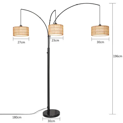 Immagine prodotto di Lampada da terra a LED in rattan, lampada ad arco regolabile con 3 lampadine, lampada da terra con doppio paralume, lampada da lettura con interruttore a pulsante