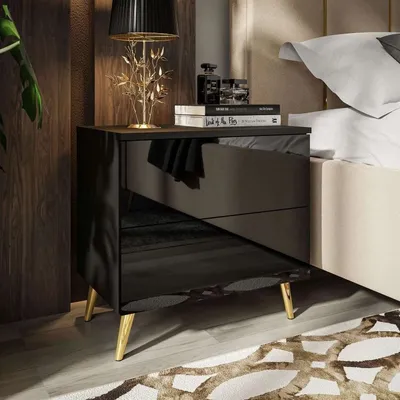 Image de Table de nuit LED haute brillance Tiroirs Table de nuit Meuble d'appoint Push To Open ; Noir