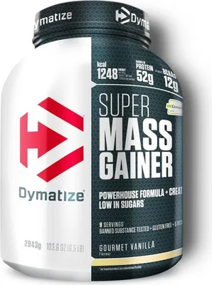 A product shot of a Dymatize Super Mass Gainer supplement container.