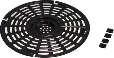 A black air fryer grate and four black spacers on a white background.