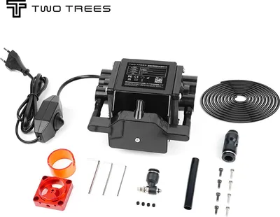 A collection of parts for a 3D printer accessory, laid out on a white background.
