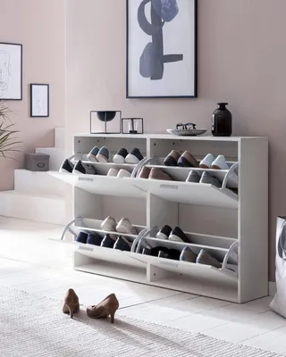 Produktbild von FineBuy Schuhkipper Weiß 120 x 81 x 24 cm mit 4 Klappen für bis zu 24 Paar Schuhe Flur Schuhschrank Schuhkommode Schuhregal