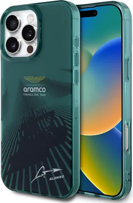 Obrázok produktu pre Puzdro na zadnú stranu pre iPhone 16 Pro od Aston Martin – IML s motívom pretekárskeho auta F1 – s podpisom Alonsa – zelené