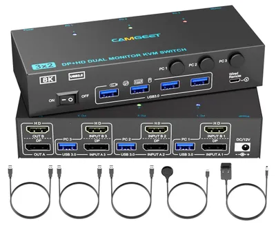Zdjęcie produktu dla Przełącznik KVM obsługujący 3 komputery, 2 monitory, 4K@144Hz (HDMI, DisplayPort) oraz USB 3.0