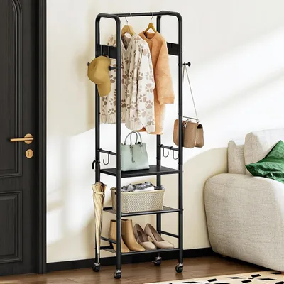 Imagen del producto de Perchero de pared de madera con 5 ganchos, color marrón, ideal para pasillos y salones