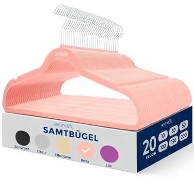 Zdjęcie produktu dla Wieszaki na ubrania SereneLife, aksamitne, różowe, zestaw 20 sztuk, antypoślizgowe i oszczędzające miejsce