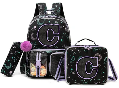 Image de Sac à dos pour fille, ensemble 3-en-1, lettre "C", ergonomique, pour l'école primaire, couleur noire