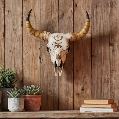 Immagine prodotto di Teschio decorativo HWC-Q11, trofeo in poliresina con testa di toro Longhorn e decorazioni, per interni/esterni, 41 cm