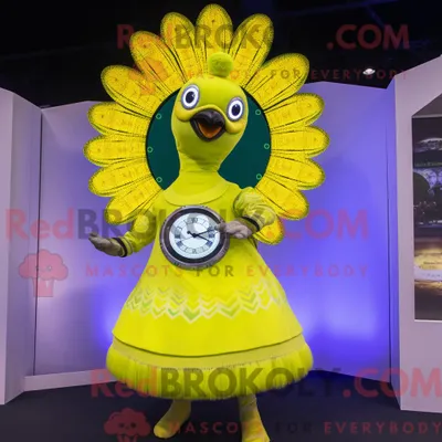 Produktbild von Zitronengelber REDBROKOLY Pfau als Maskottchenkostüm mit Tellerrock und Digitaluhren