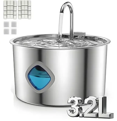 Image de Fontaine à eau pour chats, en acier inoxydable, 3,2 litres, avec 8 filtres, silencieuse, avec fenêtre transparente et éclairage LED