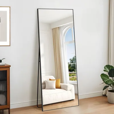 Image de Miroir de corps entier, miroir mural, 165 x 60 cm, noir, aluminium. Peut être accroché au mur, posé sur un support ou incliné