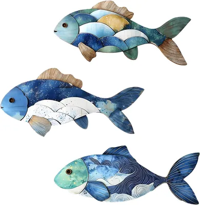 Imagen del producto de Decoración para pared, set de 3 peces de madera, color azul, 18x8,6 cm, para baño