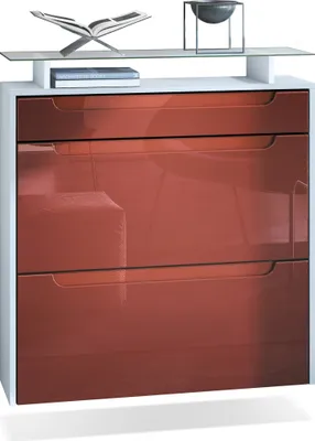 Produktbild von Vladon Schuhschrank Annie, Schuhkipper für 16 Paar Schuhe mit 2 Klappen, 1 Schublade und Glasablage, Weiß matt/Bordeaux Hochglanz, Griffmulden in Bordeaux Hochglanz (89 x 96 x 23 cm)