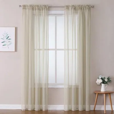 Productafbeelding van Famanu transparante gordijnen met linnenlook - beige, 140 x 215 cm, set van 2
