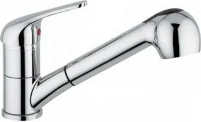 A chrome kitchen faucet with a pull-out spray head, shown against a white background.
