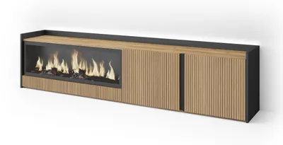 Image de PULLER Meuble TV, Banc Télé, 212x35x50 cm, Pour les TV jusqu'à 80", Cheminée électrique XXL, Led, Chêne et noir