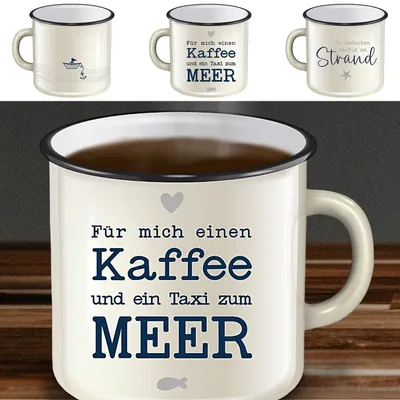 Produktbild von Kaffeebecher 3er Set 'Maritim' 9x8cm Metall Meer Strand Motive Becher Tasse 350 ml Teetasse Henkelbecher