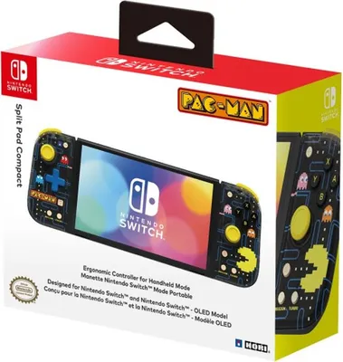 The image shows the retail packaging of a Nintendo Switch Split Pad Compact controller with a Pac-Man theme.
