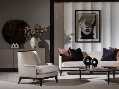 Immagine prodotto di Moderna poltrona in tessuto bianco e legno per soggiorno