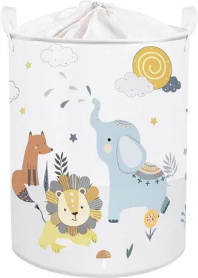 Zdjęcie produktu dla Koszyk na pranie dla dzieci – 45 l, biały, z motywem słonia, koszyk do przechowywania do pokoju dziecięcego, 36×45 cm
