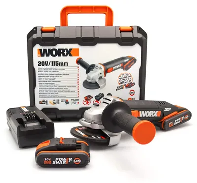 Image de Worx Meuleuse d'angle sans fil WX800 avec 2 batteries 20V/2,0 Ah, chargeur et coffret