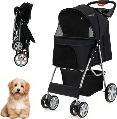 Produktbild von GOPLUS Haustierwagen, Klappbarer Katzen- & Hundebuggy mit Korb & Ablage, Verstellbarem Verdeck, Geländegängigen EVA-Rädern