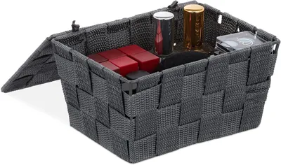 Immagine prodotto di Cesto portaoggetti con coperchio - Set da 4 - Plastica - Cesto per il bagno - 1,8 litri - 10,5 x 19,5 x 14,5 cm - Grigio