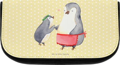 Produktbild von Mr. & Mrs. Panda Kosmetiktasche Pinguin mit Kind - Gelb Pastell - Geschenk, kulturtäschchen, Muttertag, Make-Up Tasche, Organizer, Beauty Bag, Vorbild Mama, Vatertag, Mom