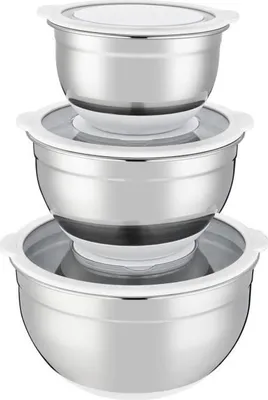 Zdjęcie produktu dla Salaterki ze Stali Nierdzewnej, 3 szt., 16-20-24 cm, Hermetyczne Pokrywki, Antypoślizgowa Podstawa Silikonowa, ARTHUR MARTIN AM486