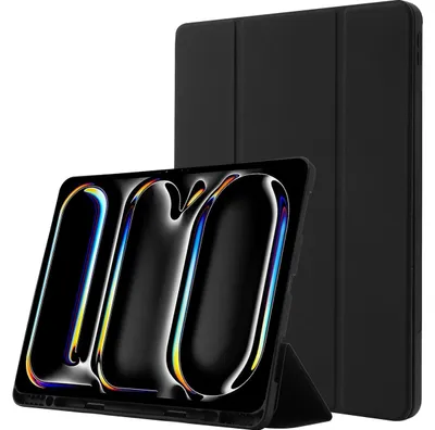 Produktbild von Mobigear Dreifach-Faltetui für iPad Pro 13 Zoll (2025), aus TPU und Kunstleder, Klapphülle mit Stifthalter - Schwarz