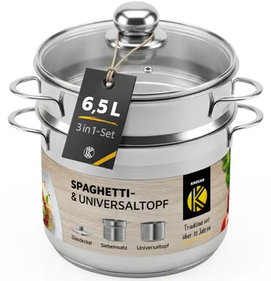 Productafbeelding van Spaghettipan - 24 cm - Roestvrij staal - 6,5 liter - Met glazen deksel - voor alle warmtebronnen en inductie
