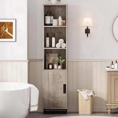 Productafbeelding van Badkamerkast - grijs MDF hout - 178 cm hoog - smalle opbergkast voor badkamer en keuken