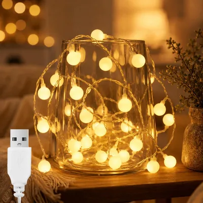 Lichterkette mit 10 warmweißen LED-Kugeln, 1,5 m, USB