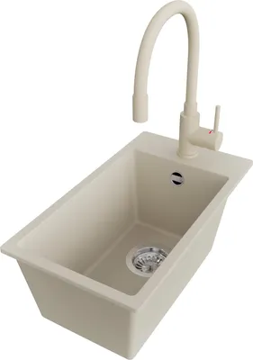 Produktbild von PRIMAGRAN Granitspüle Beige 28x50cm, Spülbecken 1 Becken + Küchenarmatur 38x14cm + Ablauf-Set, Küchenspüle ab 30er Unterschrank - Riga