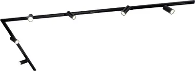 A black track lighting system with multiple adjustable spotlights, shown against a white background.