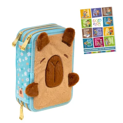 Produktbild von Federmäppchen 3 Fächer - Mäppchen für Mädchen - Federmappe 3-Fach Federtasche Gefüllte Schüleretui Schulmäppchen und Hausaufgabenheft - Kapibara Motiv